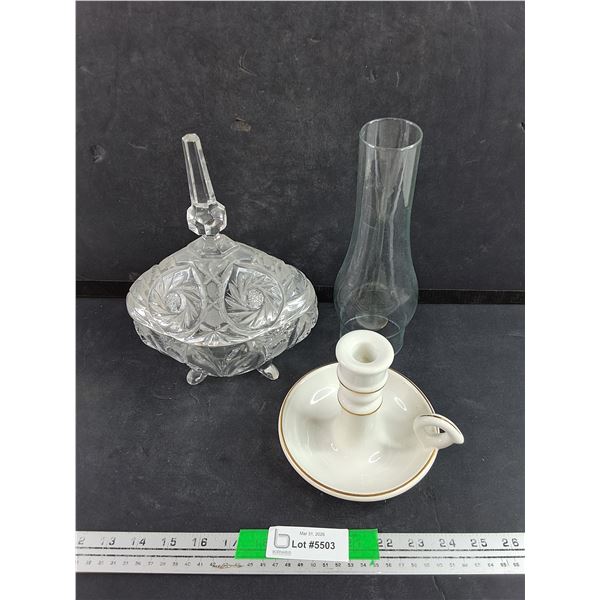 Crystal Lidded Candy Dish, Mideramica Ceramic Candle Stick Holder & Glass Shade
