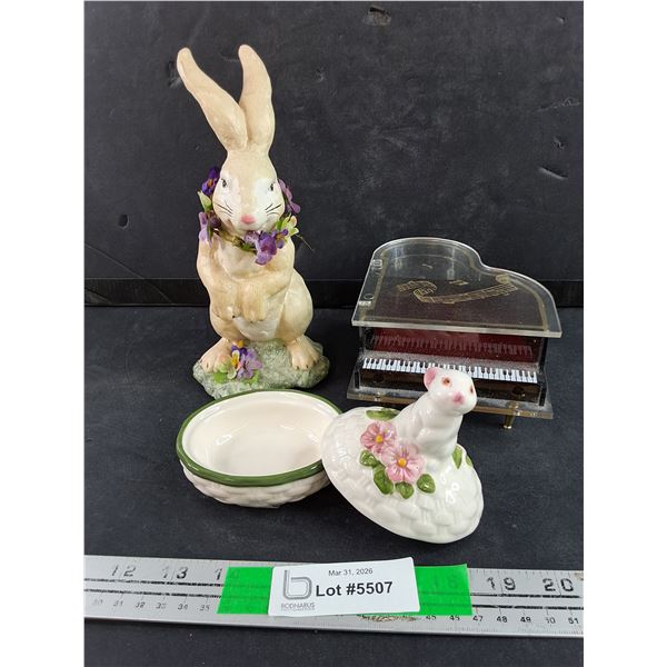 Ceramic Bunny Figure, Ceramic Bunny Dish, Musical Piano Jewelry Box