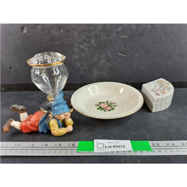 Dreaming Boy Sculpture, Venezia Glass Handcrafted w/ Gold Goblet, Tudor Rose 22kt Gold Ceramic Plate
