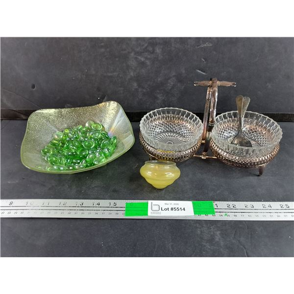 Silverplate Bowl Caddy w/(2) Glass Bowls & Dessert Spoons, Green Glass Bowl, Marbles & Candle
