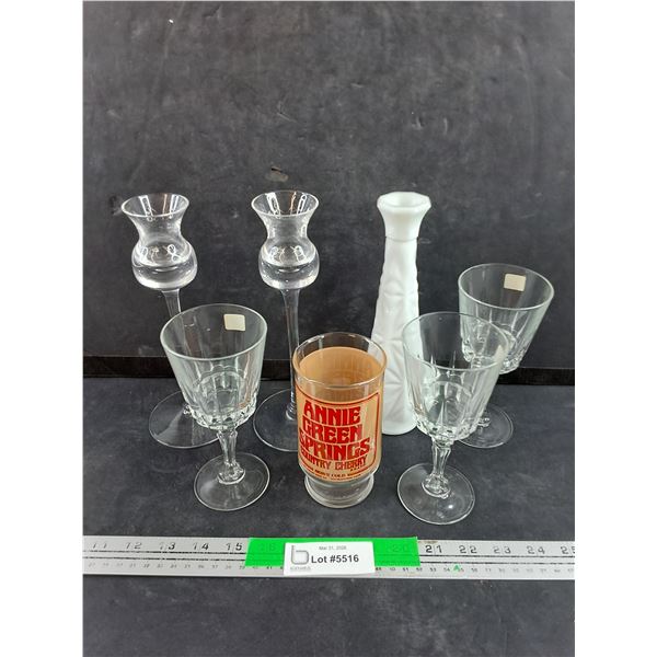 Candle Stick Holders, (3) Glass Goblets, Milk Glass Vase, Annie Green Springs Glass