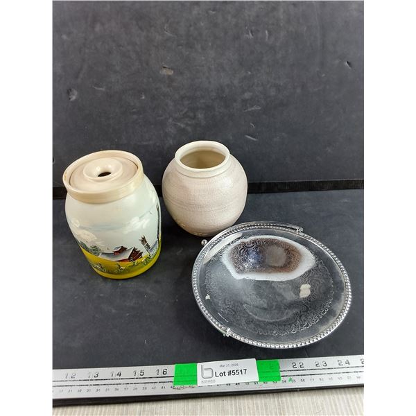 (2) Ceramic Handmade Vases, Metal Serving Plate