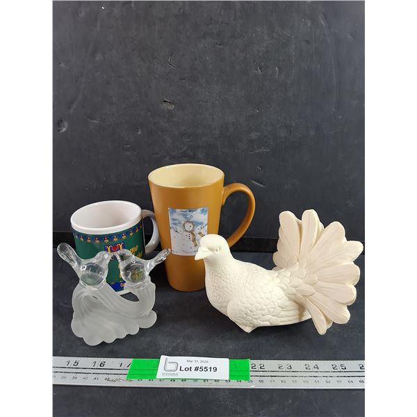 (2) Ceramic Mugs, Hand Made Crystal Bird Sculpture, Made in Italy Dove Ornament