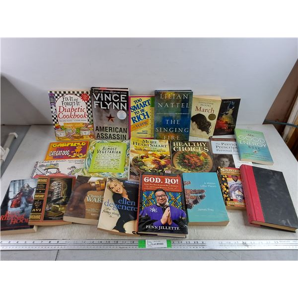Assorted Books - Vince Flynn, Diabetic Cookbook, Penn Jillette, Misc