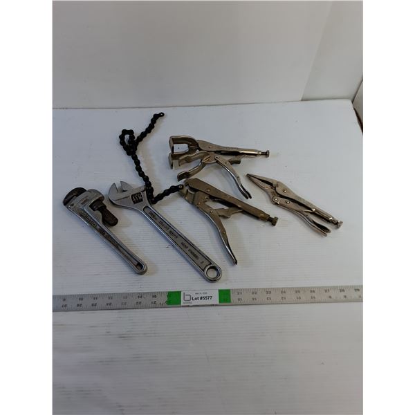 (5) Vice Grips (Needle Nose, Chain, Welding Clamp) 12" Crescent Wrench,  10" Pipe Wrench