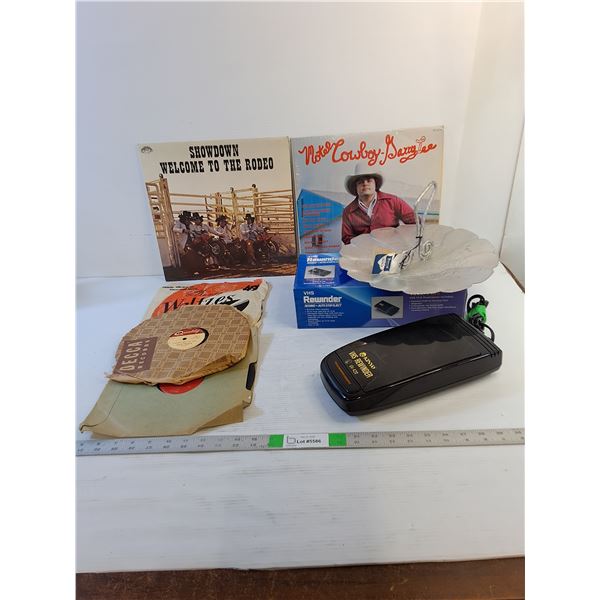 Assorted  - Vintage Vinyl Records,  Vintage Serving Platter, Kinyo VHS Rewinder (Powers On) Misc.