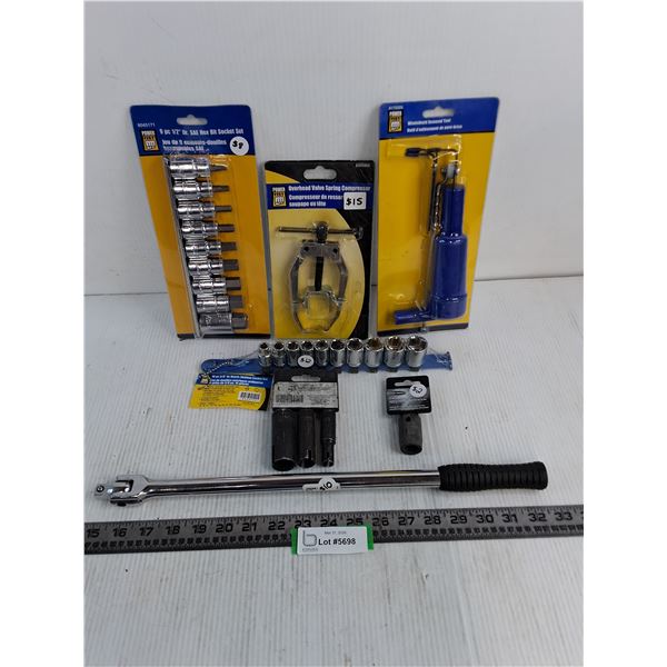 New Assorted Hand Tools (Socket Wrench, Sockets, Valve Spring Compressor, Windshield Removal Tool)