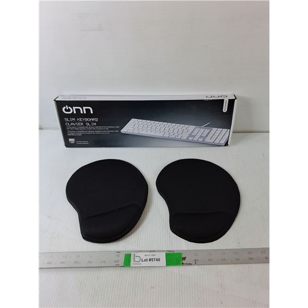 Onn Slim Keyboard-Appears NIB & (2) Mousepads with Wrist Support
