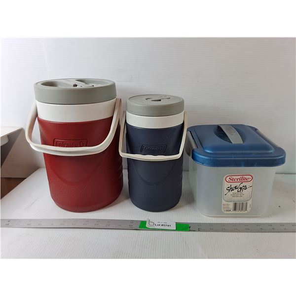 (2) Coleman Jugs/ Beverage Coolers & Sterilite Storage Container 9.25" x 8" x 8.5"