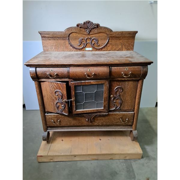 Antique Oak & Brass Buffet - 48x25x41" - 14" High Back Board - PU Only