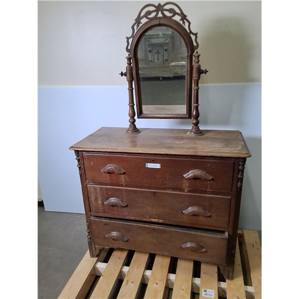'Circa 1870's' Ornate Walnut Wood Dresser - 40x18x32" - 29" High Mirror - PU Only