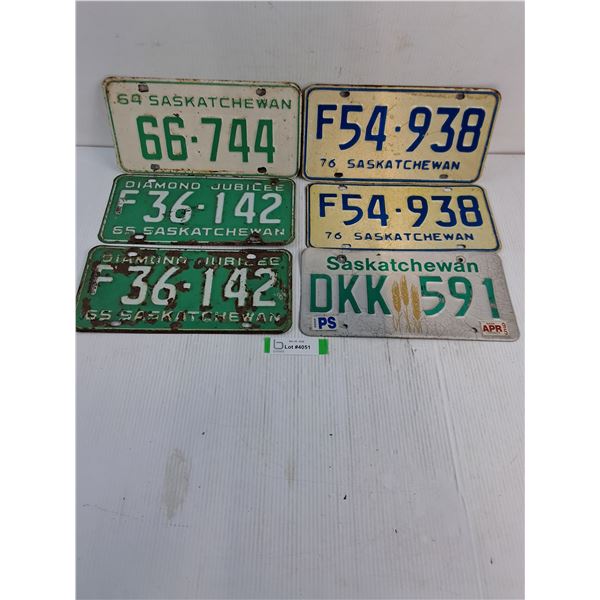(6) Saskatchewan License Plates- (2) Pairs-1965,1976
