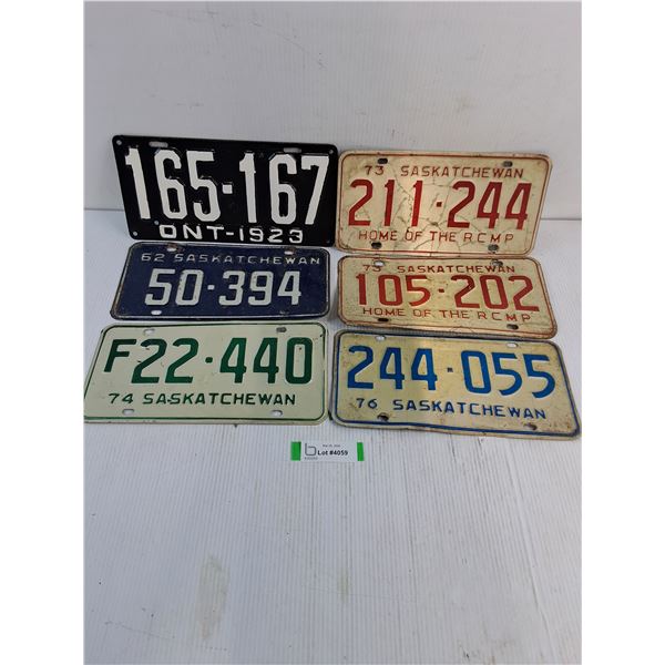 (6) License Plates Featuring a 1923 Ontario (repainted) and (5) Saskatchewan