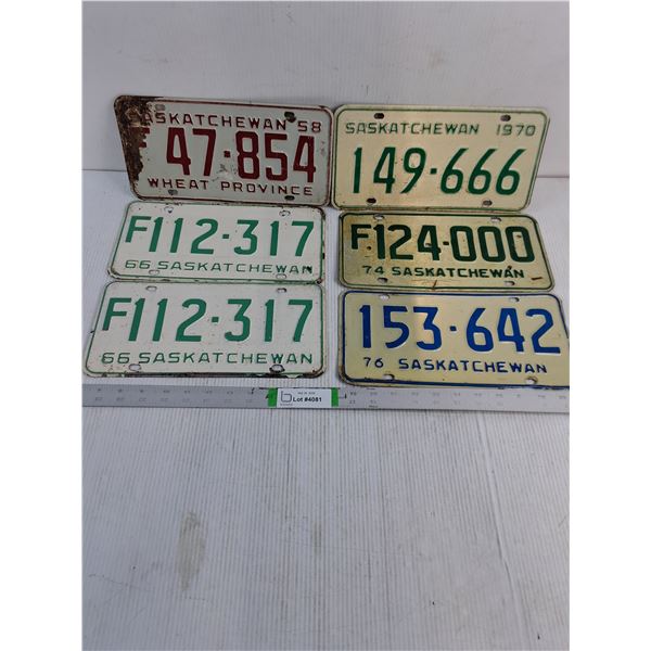 (6) Saskatchewan License Plates-1958,Pair 1966,1970,74 and 76