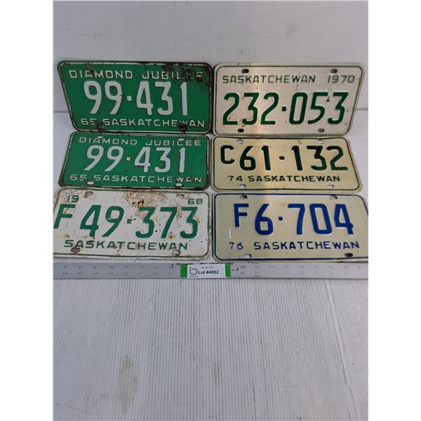(6) Saskatchewan License Plates-1965(pair),1968,70,74 and 76