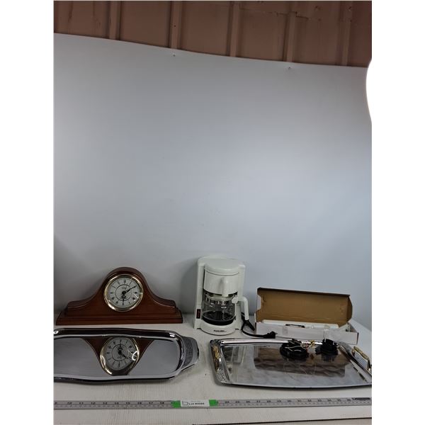 Vintage Serving Trays, Vintage Mantle Clock, Coffee Maker, Misc ( all as is) - PICK UP
