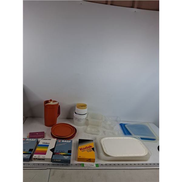 Plastic Tupperware Container Lids and Pitcher, (4) Videocassettes