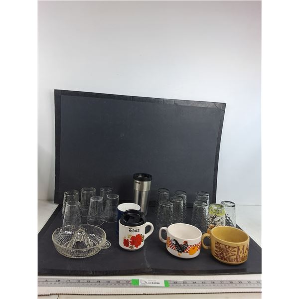 Various Glass Cups,  Copco Travel Mug, Misc - PICK UP