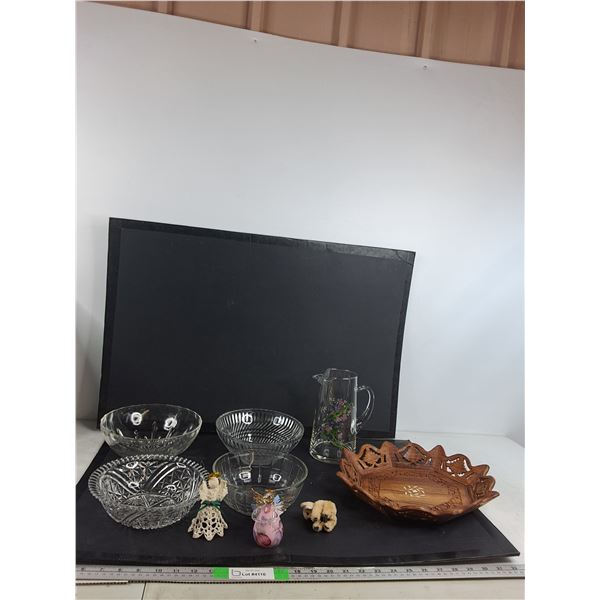 (4) Glass Bowls, Glass Pitcher, Wooden Serving Plate, Misc - PICK UP