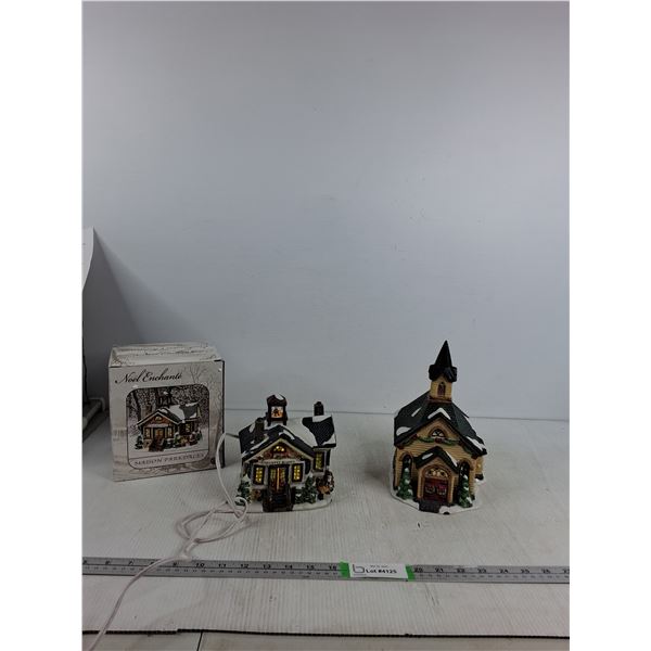 (2) Christmas Villages- School & Church (powers on, as is)