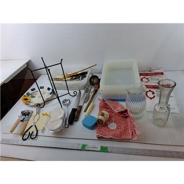 Kitchen Utensils- Tongs, Ladle, Can Opener, Glass Vases Up to 9", Misc. Pickup Preferred