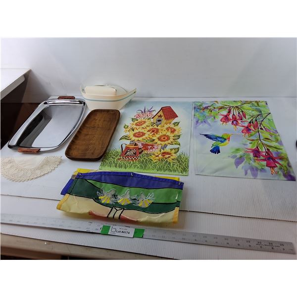 (2) Serving Trays Up to 15.5", Nurse Hat, Garden Flags 17.25" x 11.25", Misc.