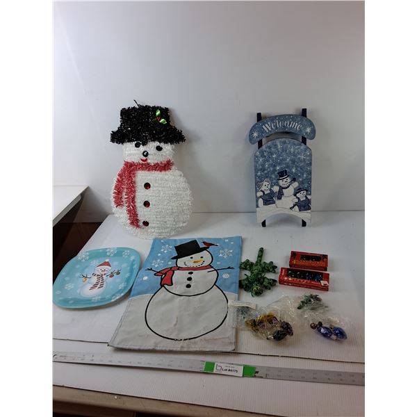 Christmas Bulbs, Beaded Salamander Figurine, Plastic Snowman Plate 10.5", Misc.