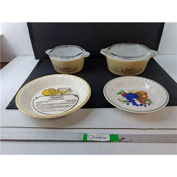 (2) Pyrex Forest Fancies Casserole Dishes Up to 10.75" Diameter & (2) Ceramic Pie Plates Up to 10.75