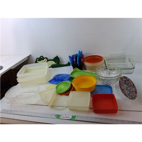 Plastic Containers & Lids- Tupperware/ Other, Glass Baking Dishes, Wooden Frog Ornament 15", Misc.