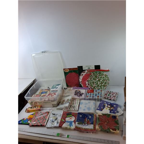 Paper Doilies, Christmas Napkins, Snowman Figurines & Plastic Tote 14.75" x 14" x 6"- Pickup Preferr
