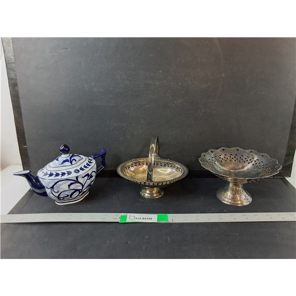 (2) Brass Footed Candy Dishes & Ceramic Teapot