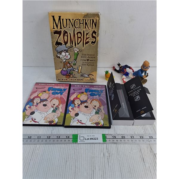 Munchkin Zombies Game,(2) Family Guy DVD's,(2) Nhl Star Sticks and Figurines