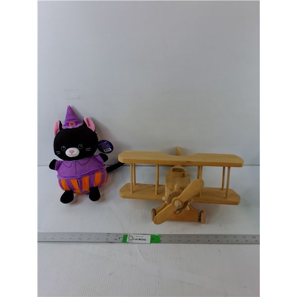 Halloween Cat Stuffy & Wooden Model Airplane 14" x 12"- Pickup Preferred
