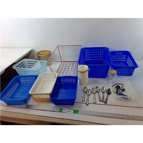 Silver Plated Teaspoons, Ceramic Planter 5.25", Plastic Storage Trays Up to 13.75" x 9.75" x 7", Mis