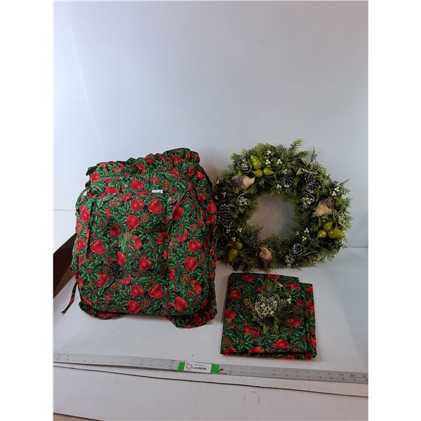 (4) Christmas Seat Cushions, Tablecloth & Plastic Wreath Approx. 19" Diameter - PICK UP