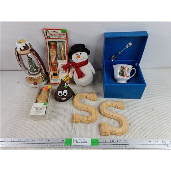 Christmas Lantern, Wooden Santa Figures, Plush Snowman, Tea Cup w/ Spoon, Misc