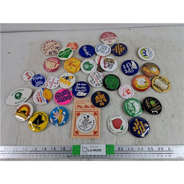 Assorted Lapel Pins - Travel Alberta, Saskatchewan Roughriders, Eat Pork