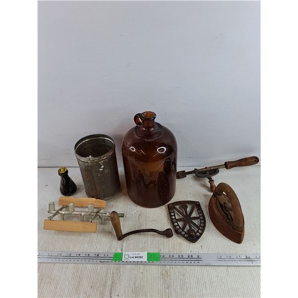 Hand Drill, Vintage Clothes Iron, Amber Glass Bottle, Esquire Bottle, Misc - PICK UP