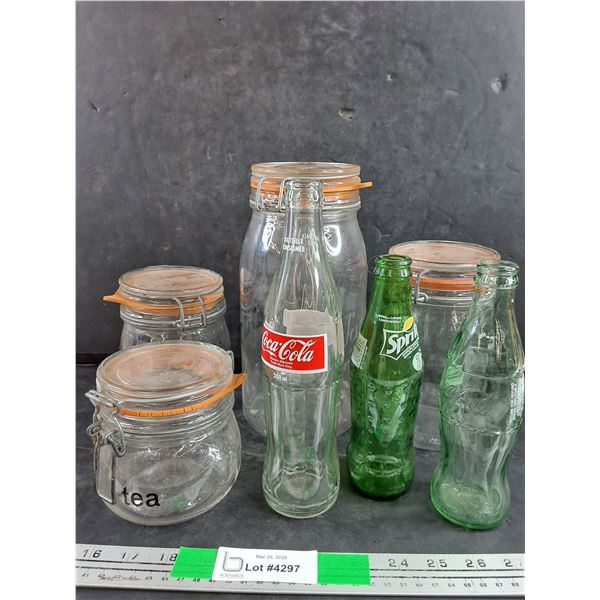 Glass Kitchen Canisters, Glass Coca Cola and Sprite Bottles