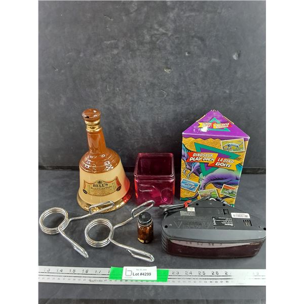 Bells Blended Scotch Whisky Bottle, Weight Clamps, Dinosaur Play Pack, Alarm Clock - Powers On