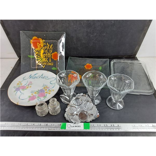 Mother Ceramic Plate, (2) Glass Dining Plates, Milk Shake Glasses, Misc