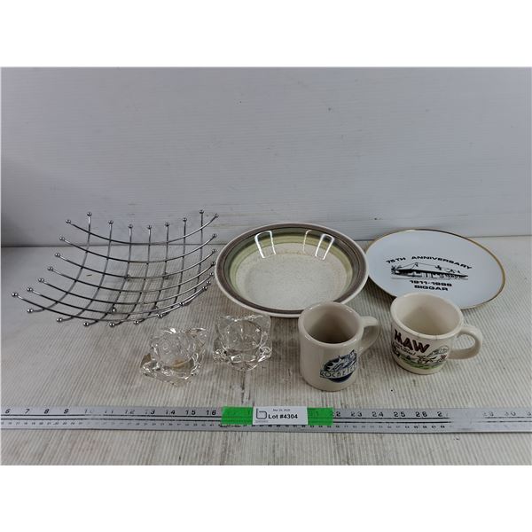 Wire Fruit Basket, Ceramic Bowl, (2) Mugs, Candle Stick Holders, Ceramic Biggar Plate