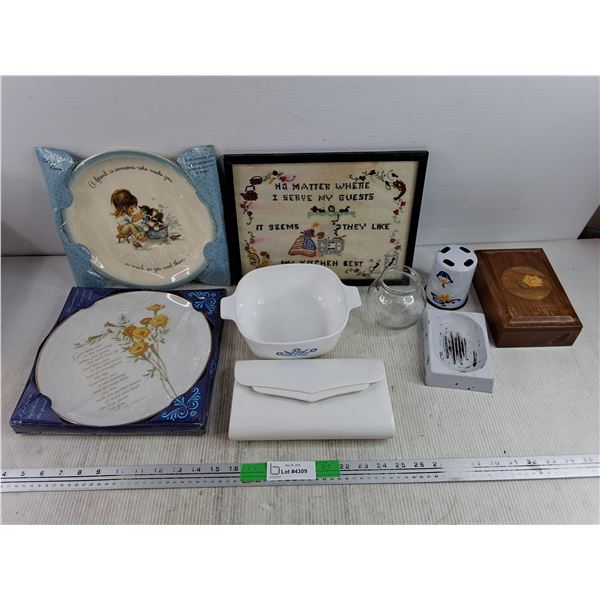Framed Embroidery Art, (2) Ceramic Plates, Corning Ware Dish, Jewelry Box, Hand Purse