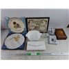 Image 1 : Framed Embroidery Art, (2) Ceramic Plates, Corning Ware Dish, Jewelry Box, Hand Purse