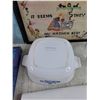 Image 4 : Framed Embroidery Art, (2) Ceramic Plates, Corning Ware Dish, Jewelry Box, Hand Purse