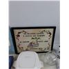 Image 5 : Framed Embroidery Art, (2) Ceramic Plates, Corning Ware Dish, Jewelry Box, Hand Purse