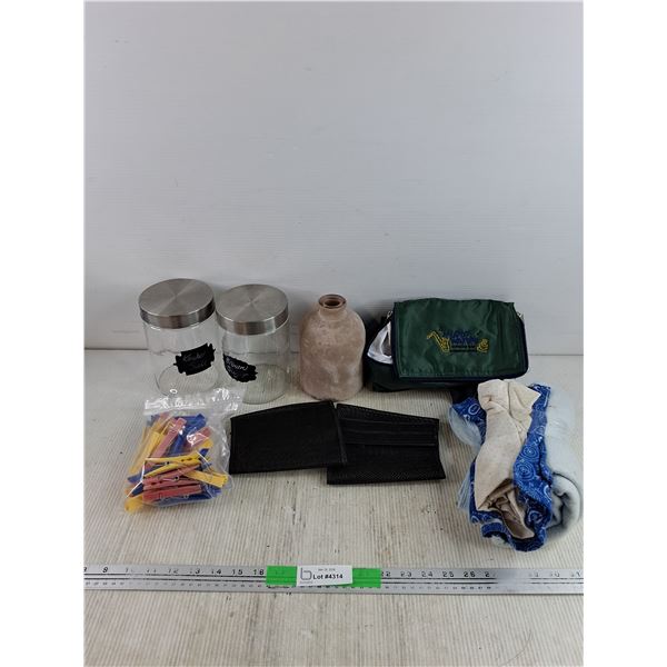 Kitchen Storage Canisters, Glass Vase, Clothespins, Muddy Waters Bag, Misc Fabric