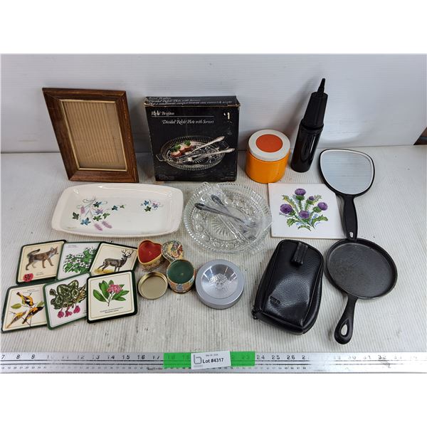 Wood Picture Frame 9" x 6", Royal Brighton Divided Relish Plate w/Servers, Scented Candles, Misc
