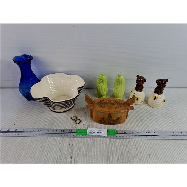 Cobalt Blue Glass Vase, Ceramic Bowl, Vintage Scandinavian Tine Box, Salt & Pepper Shakers