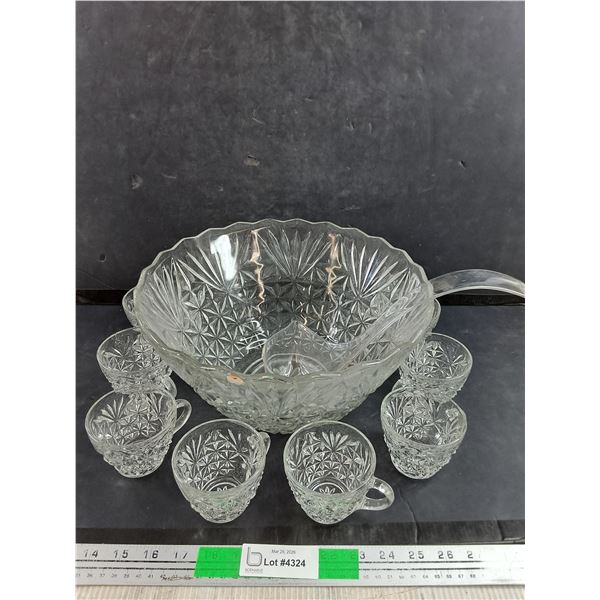 Glass Punch Bowl w/Cups & Plastic Ladle - PICK UP